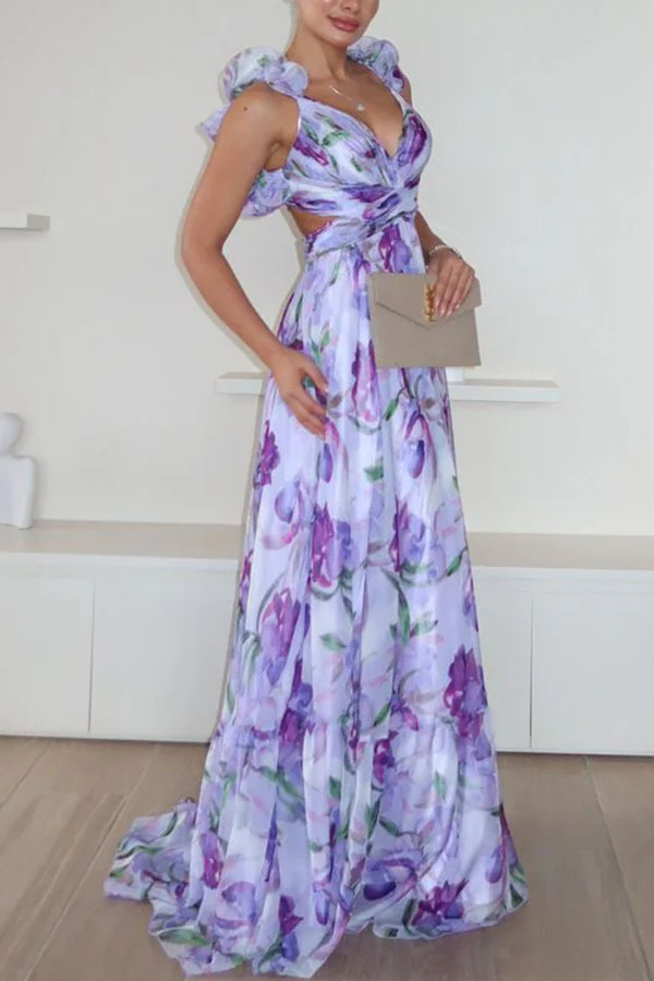 Whimsy Grace Tulle Floral Ruffle Detail Back Lace-up Pleated Maxi Dress-consonak