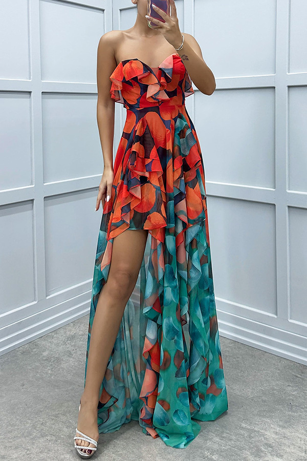 Fashionable party gradient unique printed flowing layered pleated strapless slim fit long skirt-consonak