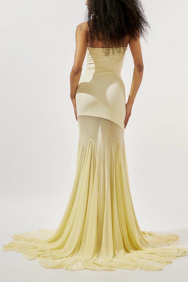 Solid Color Sleeveless Off-shoulder Mesh-paneled Fitted Maxi Dress-consonak