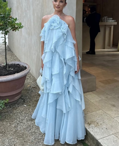 Free - Flowing Rose Detail Tiered Ruffles Halter A-line Maxi Dress-consonak