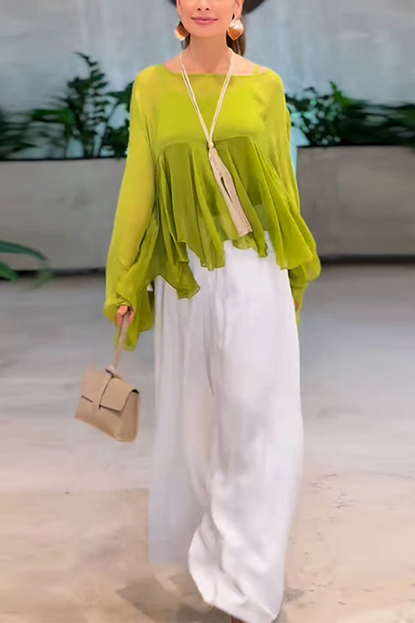 Romantic Journey Chiffon Ruffle Batwing Sleeve Top and Elastic Waist Pocket Loose Pants Set-consonak
