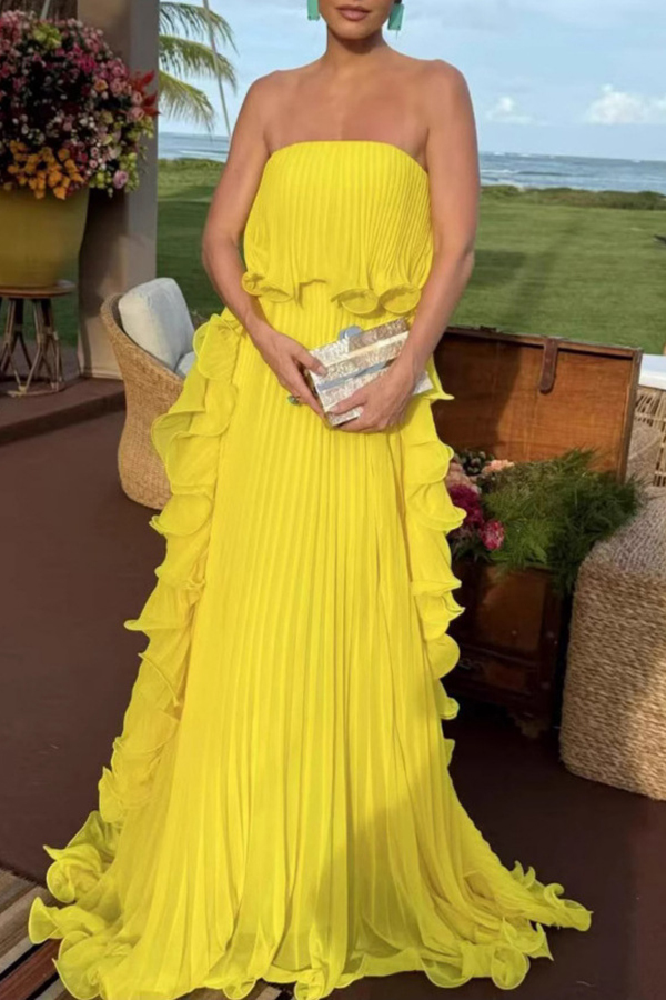 Reina Chiffon Pleated Wavy Ruffles Trim Strapless Loose Maxi Dress-consonak