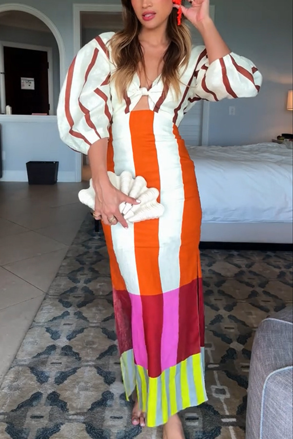 Kaya Linen Blend Color Block Print Front Cutout Knot Puff Sleeve Maxi Dress | Consonak
