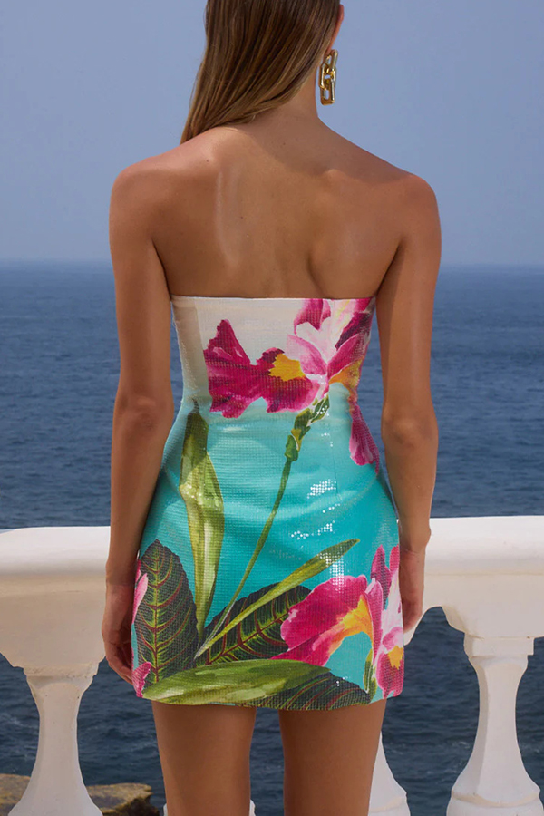 Beach Club Sequin Unique Print Strapless Stretch Mini Dress-consonak