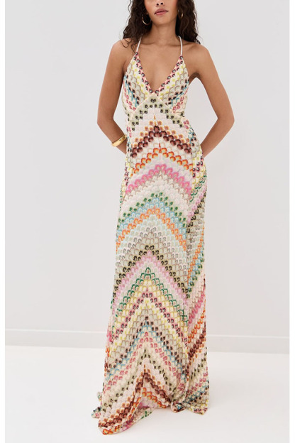 Missoni Summer Knit Colorful Herringbone Print Open Beck Maxi Dress-consonak