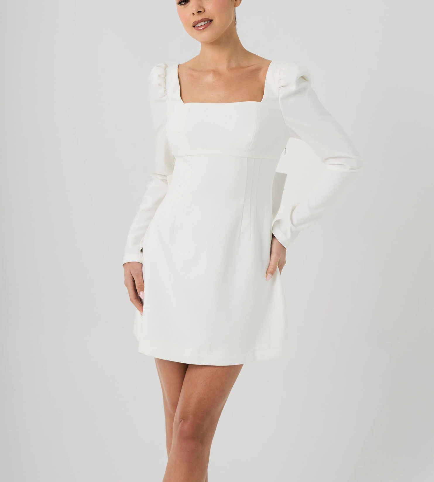 Women's party dress fluffy shoulder long sleeved back bow detail mini dress-consonak