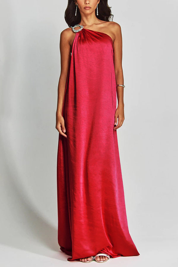 Charming Glance Satin Metal Hardware One Shoulder Loose Maxi Dress-consonak