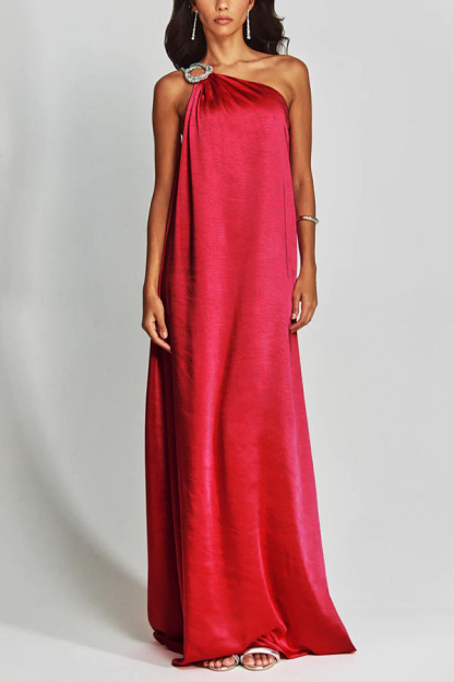 Charming Glance Satin Metal Hardware One Shoulder Loose Maxi Dress-consonak