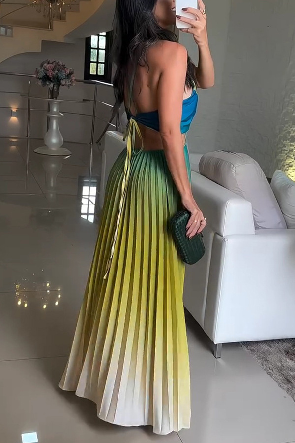Fashionable Backless Tie Elegant Gradient Pleated Maxi Dress-consonak