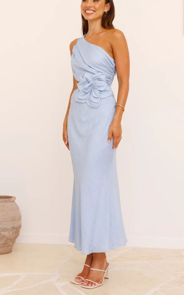 Bloom Summer 3d Flower Ruched One Shoulder Cutout Maxi Dress-consonak