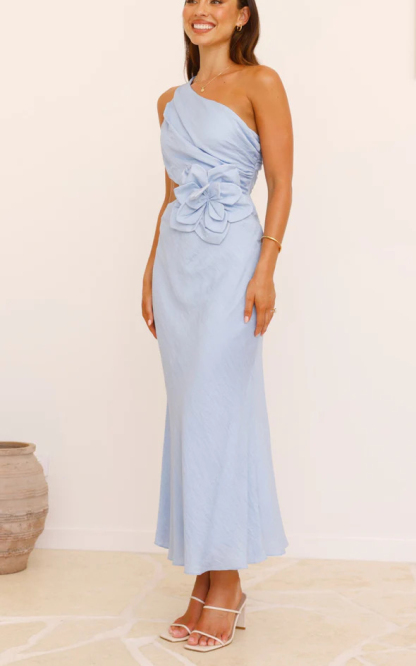 Bloom Summer 3d Flower Ruched One Shoulder Cutout Maxi Dress-consonak