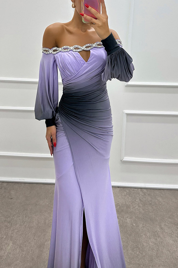 Julieta Gradient Print Boat Neck Off Shoulder Gem Detail Slit Gown Maxi Dress | Consonak