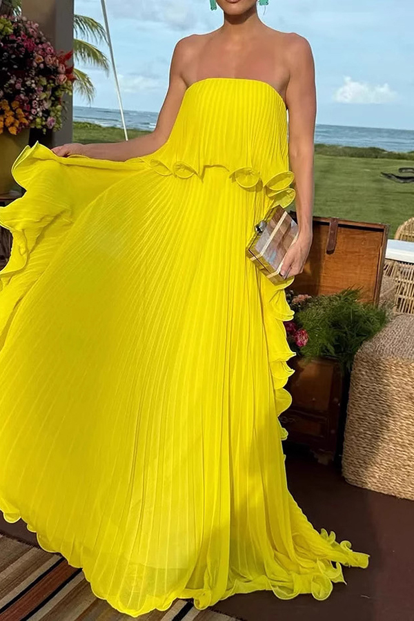 Reina Chiffon Pleated Wavy Ruffles Trim Strapless Loose Maxi Dress-consonak
