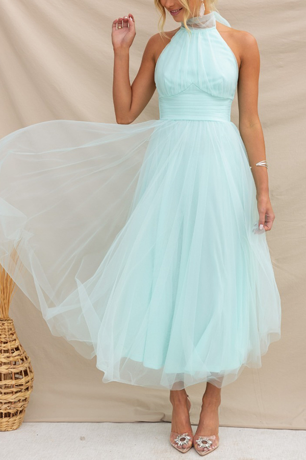 Fairy Vibes Tulle Gathered Detail Halter Maxi Dress-consonak