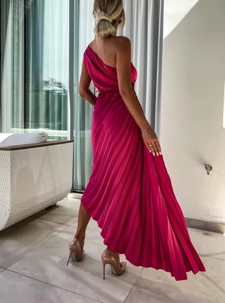 Romantic Nights Satin Raised Flower Elastic Cutout One Shoulder Pleated Maxi Dress-consonak