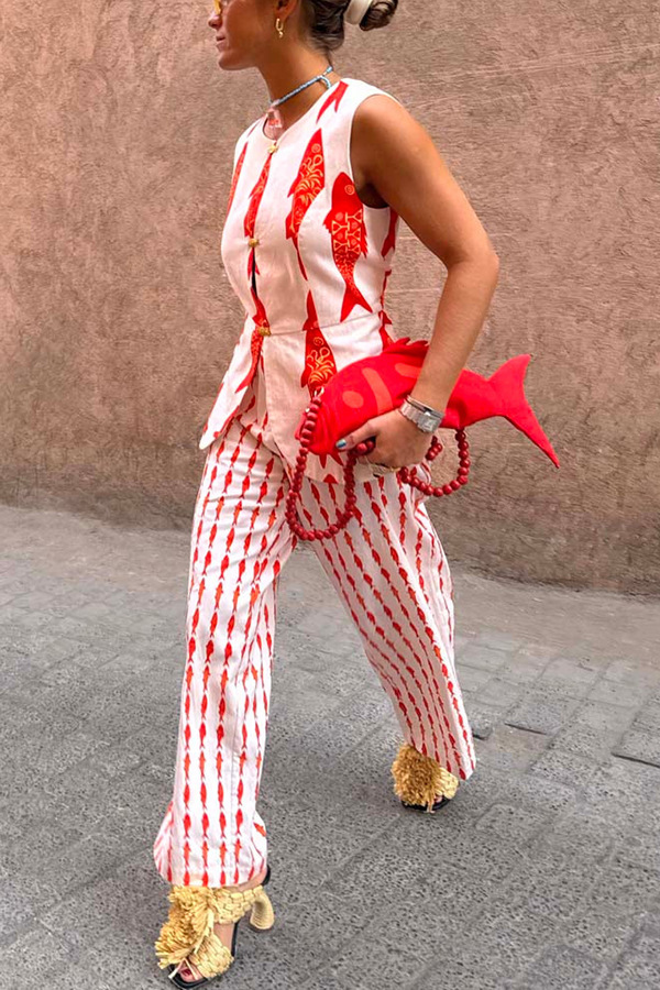 Good Luck Linen Blend Koi Pattern High Rise Elastic Waist Loose Pants-consonak