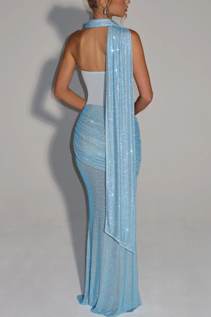 Kailani Sequin Strapless Mesh Cutout Waist Ruched Scarf Maxi Dress-consonak