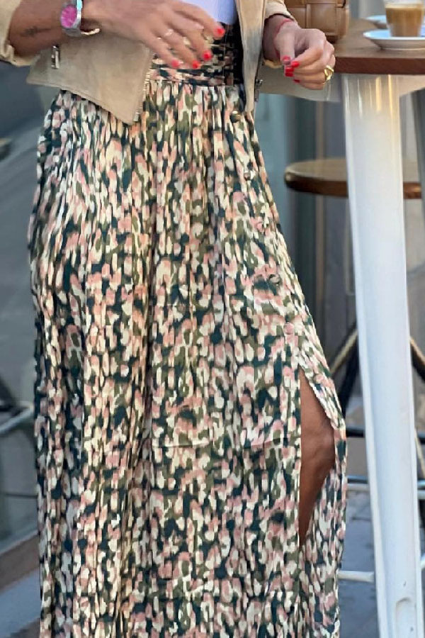 Unique Print High-Waisted Casual Slit Maxi Skirt-consonak