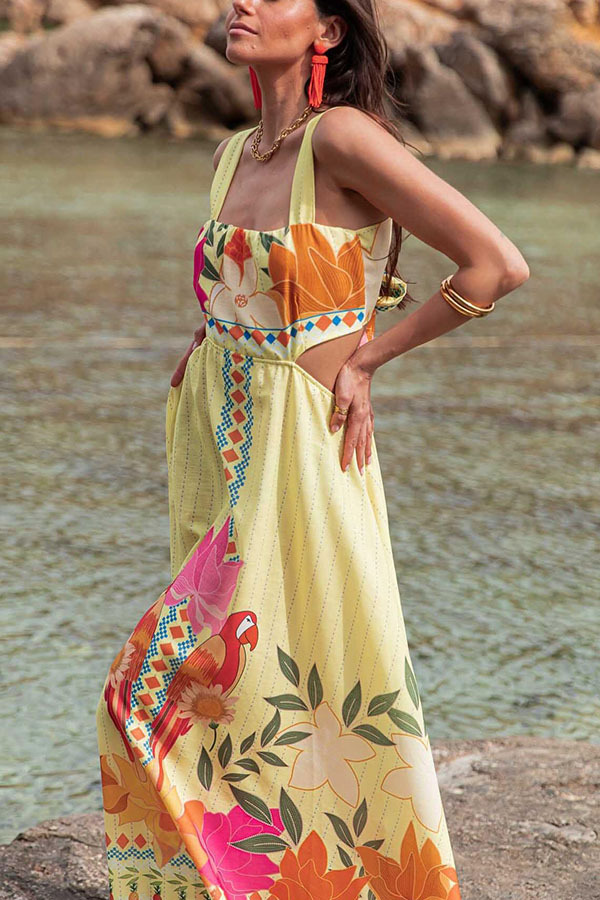 Resort Style Unique Print Sexy Square Neck Backless Waist Maxi Dress-consonak