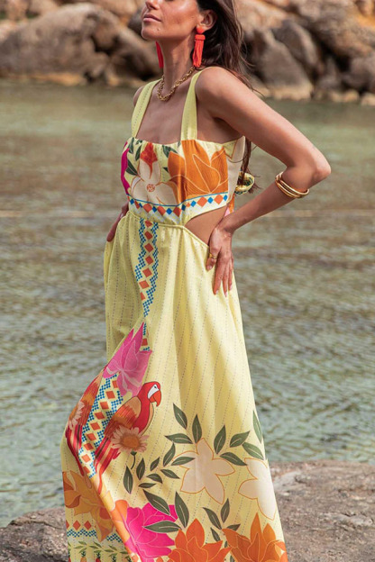 Resort Style Unique Print Sexy Square Neck Backless Waist Maxi Dress-consonak