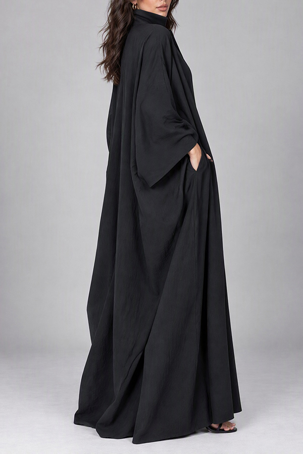 Women Navy Blue Oversized Kaftan Maxi Dress Stand Collar Long Sleeve Flowy Robe