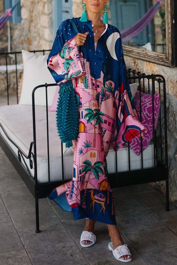 Seaside Stroll Satin Unique Print Button Up Long Sleeve Slit Kaftan Midi Dress-consonak