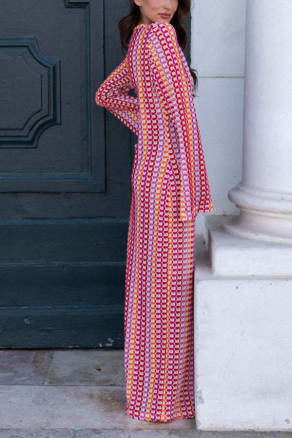 Eleanor Knit Colorful Wave Unique Print Shirt U-neck Long Sleeve Slit Maxi Dress-consonak