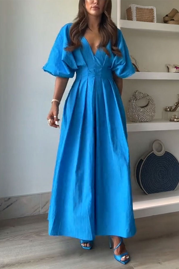 Antibes Linen Blend Princess Line Pleated Wide Puff Sleeve Midi Dress-consonak