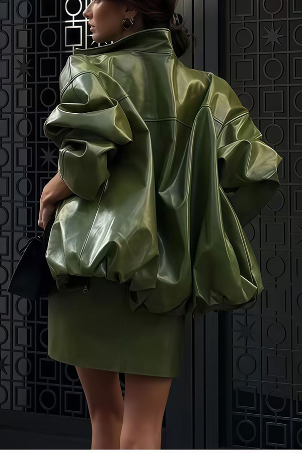 Solid Color Loose Long Sleeve Pocket Casual Leather Jacket-consonak