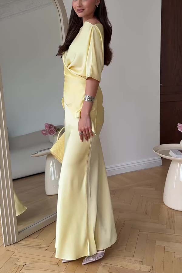 Secret of Elegance Satin Slit Back Lace-up Top and Elastic Waist Flare Maxi Skirt Set