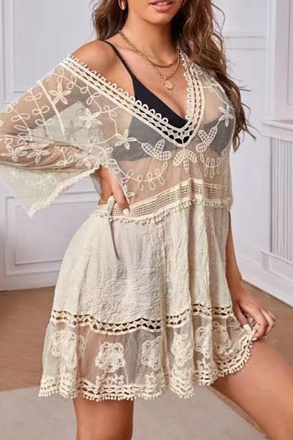 Lace V Neck Hollow Short Sleeved Cover Up-consonak