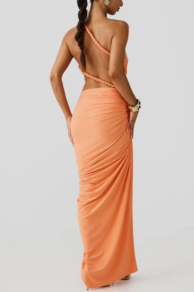 Juliana Rope Detail Ruched One Shoulder Cutout Stretch Maxi Dress-consonak