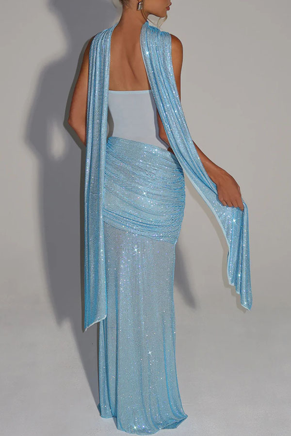 Kailani Sequin Strapless Mesh Cutout Waist Ruched Scarf Maxi Dress-consonak
