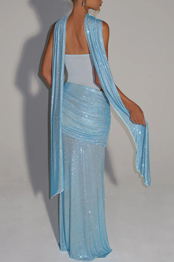 Kailani Sequin Strapless Mesh Cutout Waist Ruched Scarf Maxi Dress-consonak