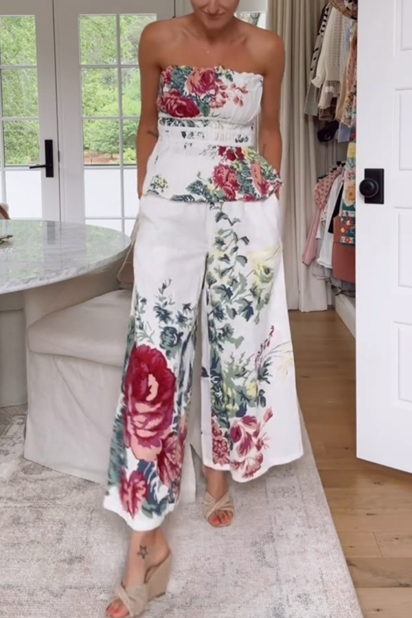 In To The Summer Linen Blend Floral Print Elastic Bandeau and Elastic Waist Pocket Loose Pants Set-consonak