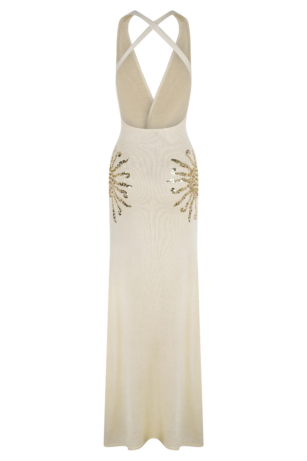 Sparkling Nights Knit Sunburst Sequin Detail Back Cross Straps Stretch Maxi Dress-consonak