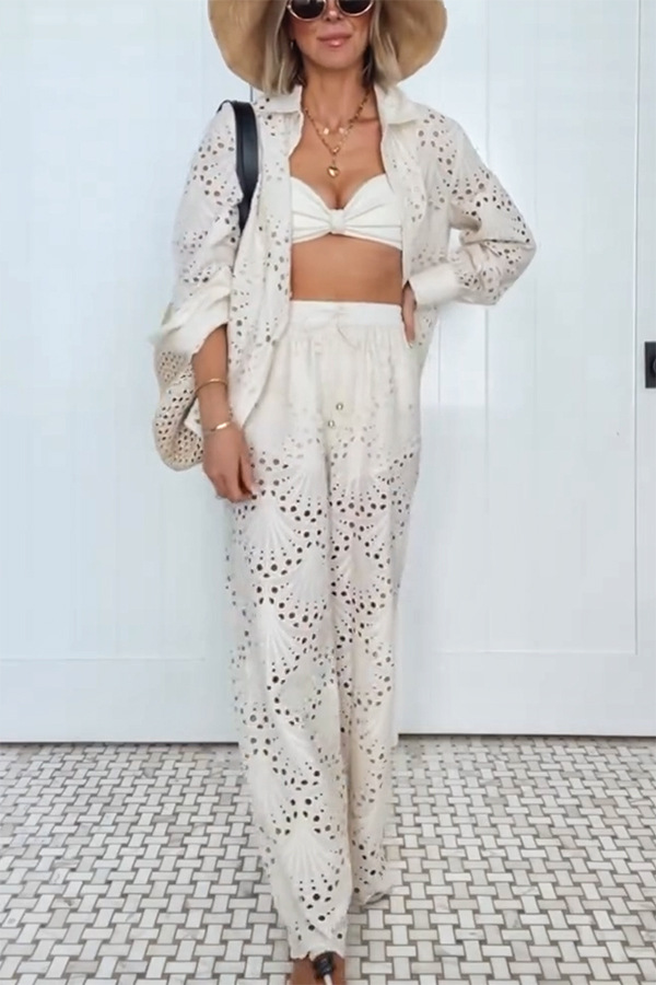 Lillah Embroidered Lace Shell Pattern Elastic Waist Pocket Wide Leg Pants-consonak