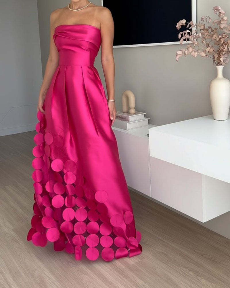 Luxurious Poise Satin Spliced mesh Polka-dot Fabric Off Shoulder Formal Maxi Dress | Consonak