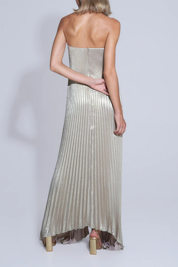 Maya Pleated Metallic Fabric Off Shoulder Asymmetric Hem A-line Maxi Dress | Consonak