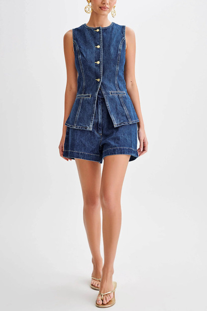 Abel Denim Button Up Princess Seams Pocket Vest Top-consonak