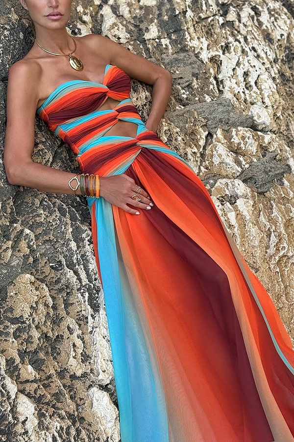 Ladies' Sunset Sexy strapless Fashion Tassel Printed Twisted Hollow Off Shoulder Vacation Long Dress-Consonak