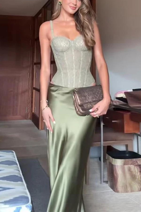 In A Fairytale Lace Satin Mid Rise Drape Maxi Skirt-consonak