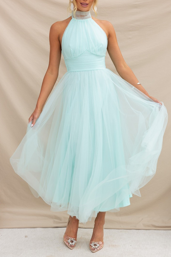 Fairy Vibes Tulle Gathered Detail Halter Maxi Dress-consonak