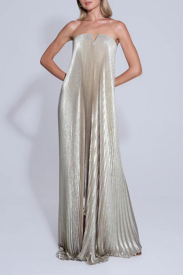 Maya Pleated Metallic Fabric Off Shoulder Asymmetric Hem A-line Maxi Dress | Consonak
