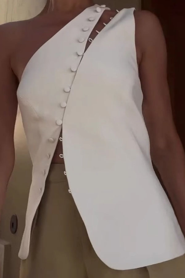 Full of Design Solid Color One Shoulder Asymmetric Slit Button Casual Vest-consonak