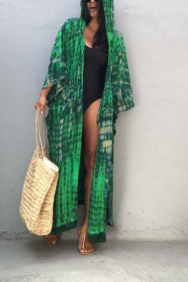 Boho Tie-dye Print Hooded Kimono Cover-up-consonak