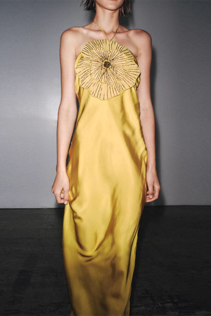 Fashionable Beaded Large Flower Decoration Halter Neck Backless Maxi Dress-consonak