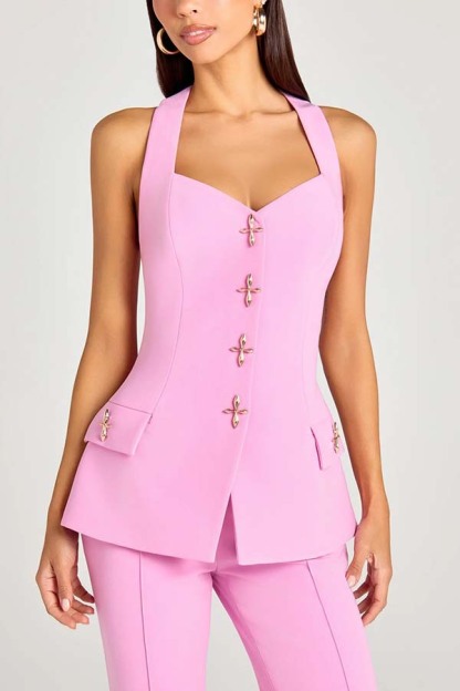 Women Power Metal Cross Snap Button Sweetheart Neck Wide Strap Vest-consonak