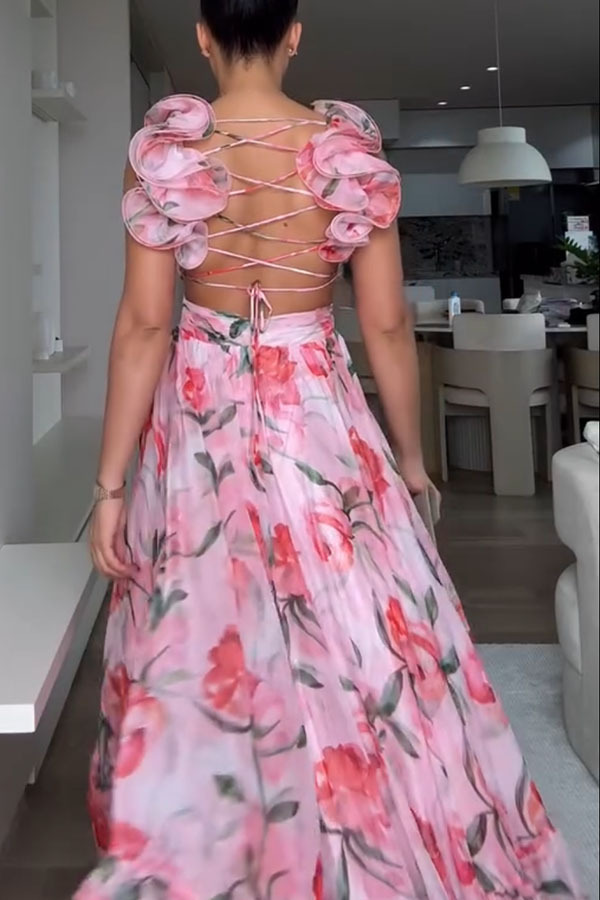 Whimsy Grace Tulle Floral Ruffle Detail Back Lace-up Pleated Maxi Dress-consonak