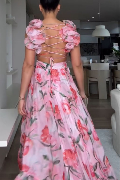 Whimsy Grace Tulle Floral Ruffle Detail Back Lace-up Pleated Maxi Dress-consonak